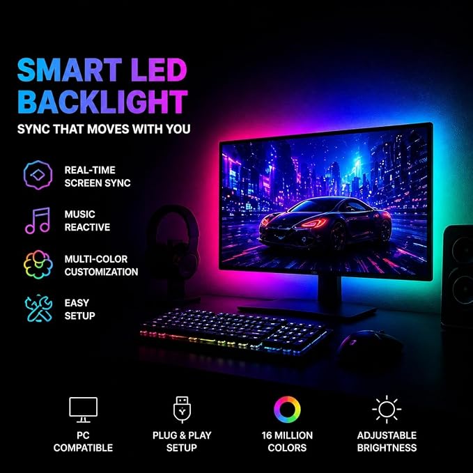 RGB Monitor Backlight with Screen Sync, Dual USB Powered Ambient Lighting Kit for 27 Inch Gaming Monitors, Music Mode, Immersive Dynamic LED Strip Lights for PC Setup (4 Sides - 27 inch)