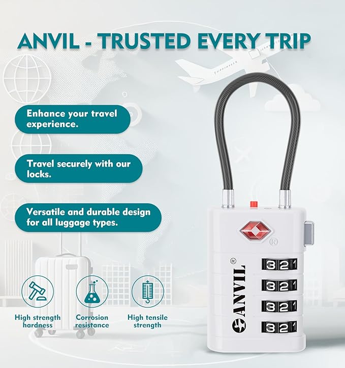 ANVIL 4 Digit Luggage Locks, TSA Locks for Luggage, Advanced TSA008 core, Alert Indicator for Your Travel Lock, Suitcase Lock. (2, White)