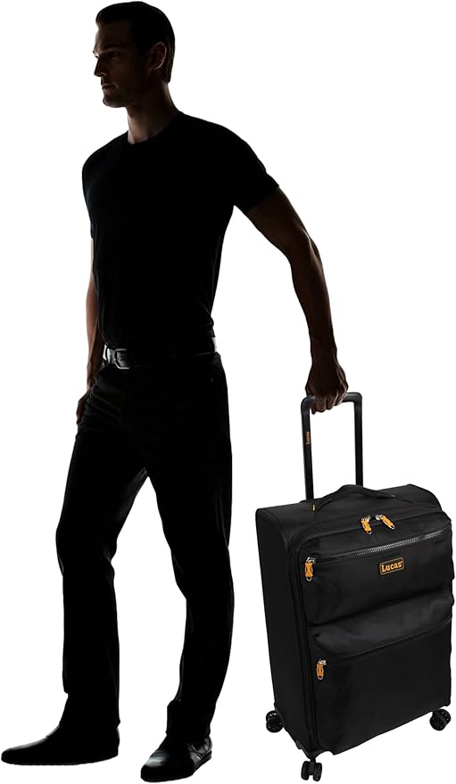 LUCAS Designer Luggage Collection - Expandable 28 Inch Softside Bag - Durable Large Ultra Lightweight Checked Suitcase with 8-Rolling Spinner Wheels (Black)