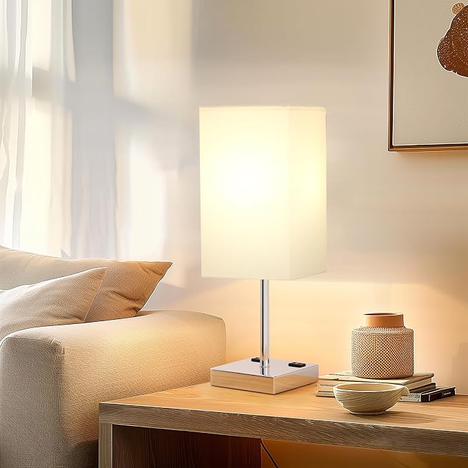 17.4" White Touch Table Lamp for Bedroom - Dimmable, USB C+A, 2 AC Outlets | 3-Way Dimming, 3000K Bulb Included, Square White Lampshade and Silver Base, Desk Lamp for Nightstand, Living Room, Dorm