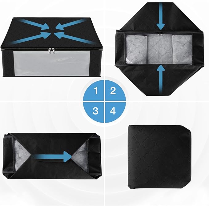 HomeHacks Storage 3-Pack Clothes Organizer Storage Bags Foldable Storage Box with Large Clear Window Sturdy Handles for Closet, Dorm, Pillows, Bedding, Clothes, Blankets, 35L, Black