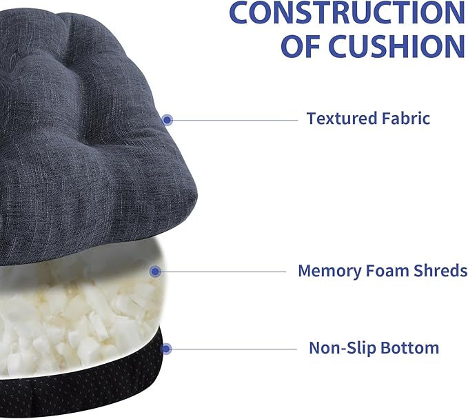 Chair Cushions for Dining Chairs Set of 4, Kitchen Chair Cushions, Chair Pads with Ties and Non Slip Backing, Tufted Memory Foam Seat Cushion 4 Pack, 18" x 18" x 4", Navy Blue
