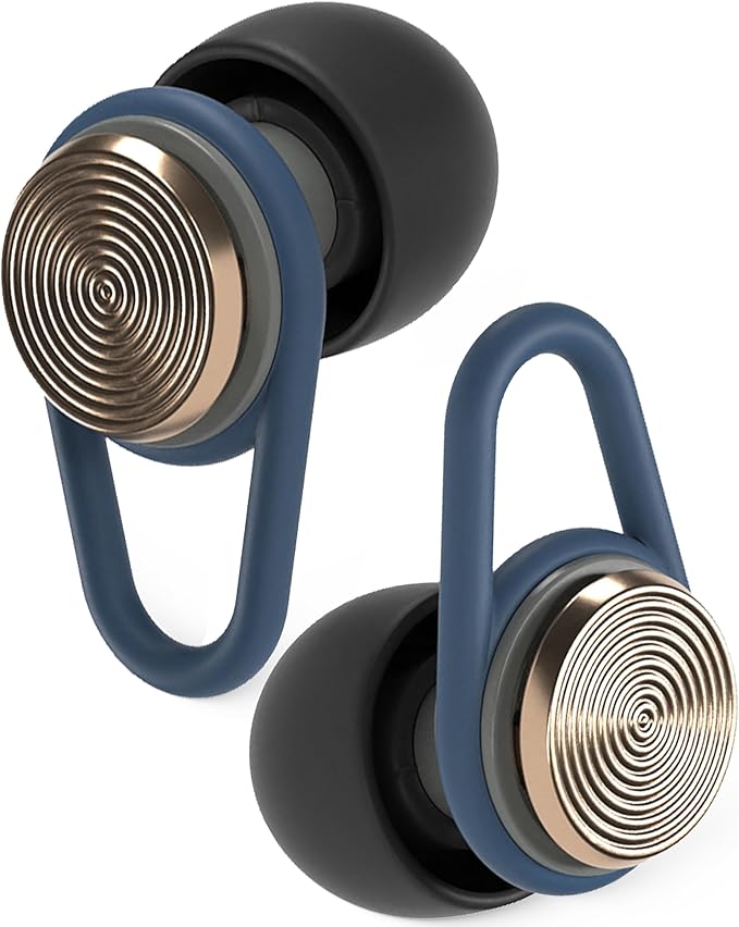 Hears One Ear Plugs for Noise Reduction - Patented Reusable Concert Earplugs, 20dB SNR Sound Reduction, Hypoallergenic for Musicians, Motorcycle and Sleeping with 4 tip Sizes - Brass Blue