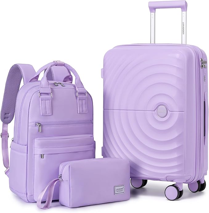 Carry On Luggage Set 22x14x9 Airline Approved, Expandable 20 Inch Carry-On Suitcases With Wheels, Lightweight Luggage Sets 3 Pieces With Backpack, Lavender