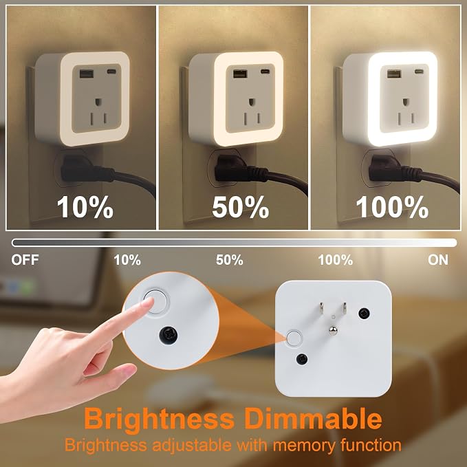 Night Lights Plug Into Wall 2 Pack Rechargeable Battery Backup | Dusk to Dawn Sensor Night Light with Outlet Expander for Adults Kids Bedroom, Kitchen, and Bathroom (warm white, 3000K-D)