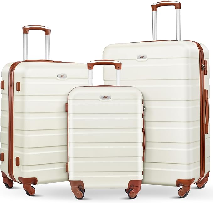 Suitour Luggage 3 Piece Sets Hard Shell Luggage Set with Spinner Wheels,TSA Lock,20 24 28 inch Travel Suitcase Sets (White Brown)
