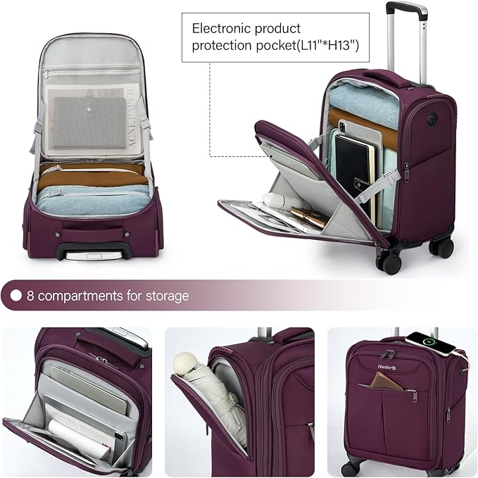 Hanke Underseat Carry On Luggage with Wheels, Lightweight Small Suitcase Airline Approved 16 Inch Softside Personal Item Travel Bag for Women Men, Compact Under Seat Luggage with Spinner Wheels,Purple