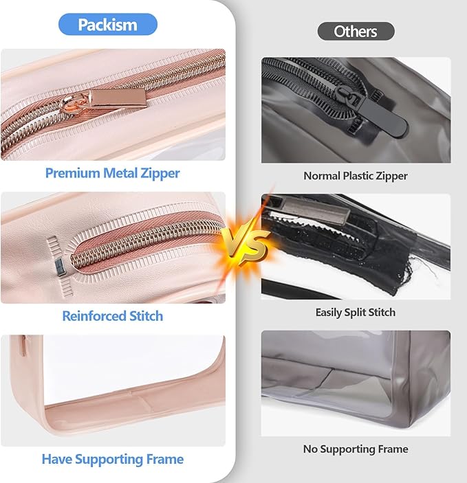 PACKISM TSA Approved Toiletry Bag 4 Medium - Quart Size Clear Makeup Bag for Carry On, Airport Security Compliant Clear Travel bag for Toiletries with Reinforced Seams, Nude Pink