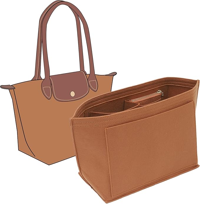 Fit Longchamp Organizer Insert, for Long Champ Le Pliage M Bag Handbag Women, with Cup Holder, Medium/Gold Brown