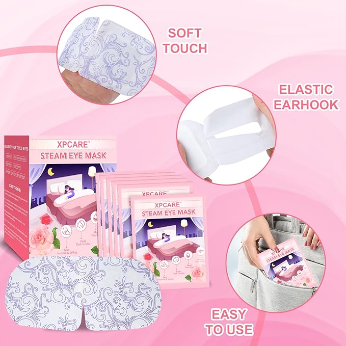 XPCARE 48 Pack Steam Eye Masks for Dry Eyes, Self Heated Steam Warm Eye Mask, Disposable Heated Eye Mask for Dark Circles, Puffy Eyes, Relief Stress Eye Fatigue（Rose）