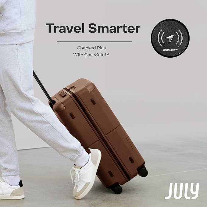 Checked Plus with CaseSafe - 28.75" Trackable TSA Lock Airline Approved Check In Luggage with Wheels, Rolling Suitcase for Men & Women - Silent Spinner Wheels, Y-Strap - Dark Brown
