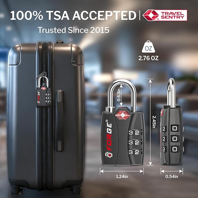 Forge Open Alert TSA Approved Luggage Locks - 3 Digit Combination, Easy Read Dials, Zinc Alloy Body - Ideal Travel Lock for Luggage, Suitcases, Bags & Toolboxes. Matte Black 2-Pack.