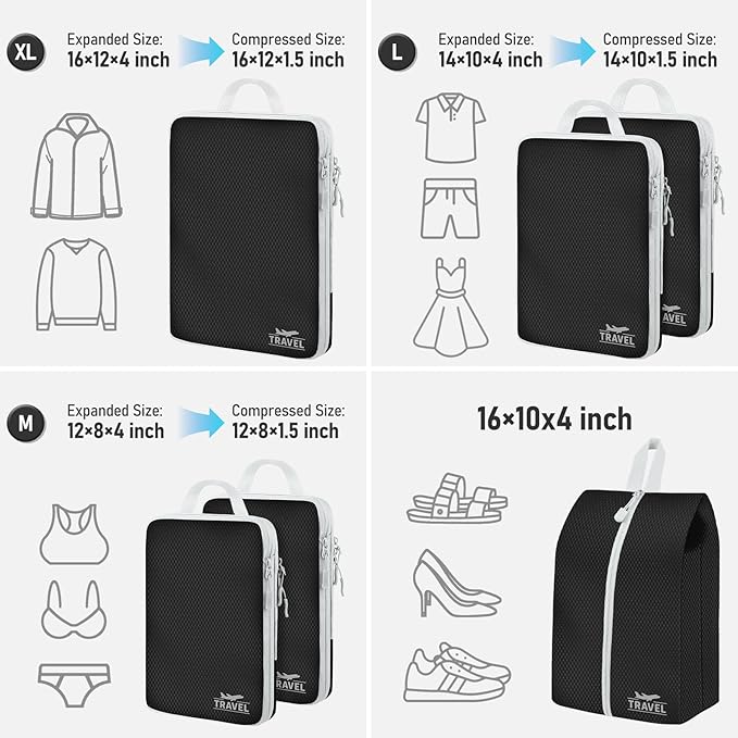 6 Set Compression Packing Cubes, Suitcase Organizer, Lightweight Travel Essentials, Compression Bags For Travel Accessories Luggage Storage Set (6Pcs, Black)