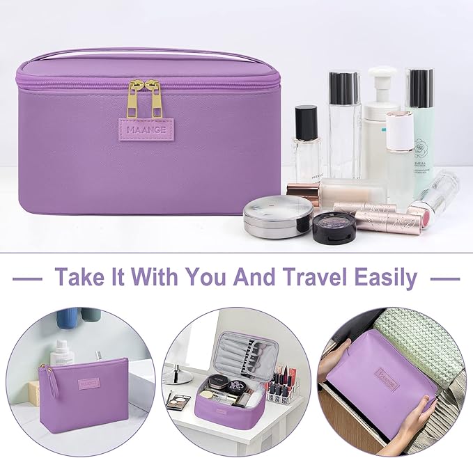 MAANGE Travel Makeup Bag - Large Makeup Bag with 2pcs Small Makeup Bag Portable Leather Cosmetic Bag Toiletry Bag Make Up Bags for Women and Girls (Purple)
