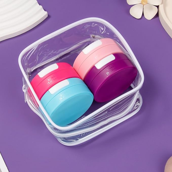 Gemice Travel Containers for Toiletries, Magnetic Travel Containers, TSA Approved Cream Jars with Toiletry Bag, Leak-proof Small 1oz Capsules Set with Multiple Labels for Organization (4 Pack)