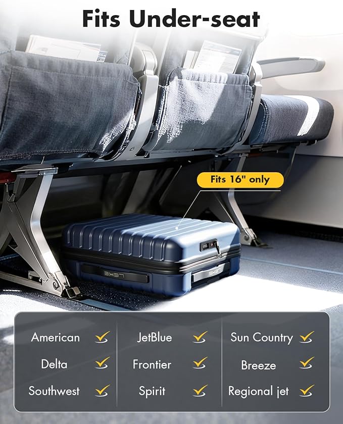 Lekesky 16 Inch Underseat Carry On Luggage Airline Approved, Hard Shell Suitcase with TSA Lock, Lightweight Spinner Wheels Durable ABS Compact Carry-On for Travel Weekend Trips Men Women, Blue