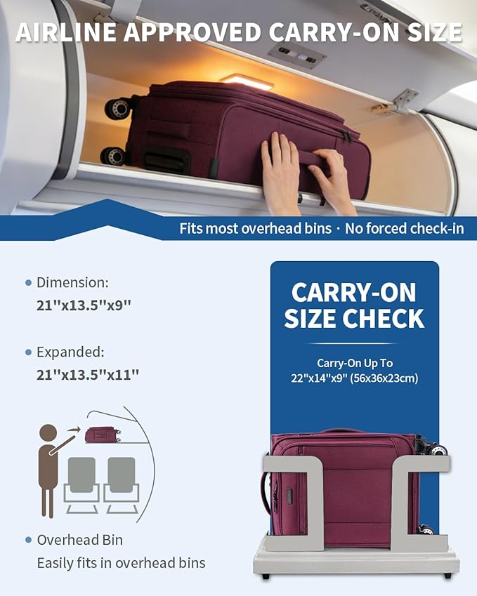 ECOHUB Carry On Luggage Airline Approved, 20 Inch Softside Carry On Suitcase with Spring Shock-Absorbing Spinner Wheels, Lightweight Travel Luggage with TSA Lock, 22x14x9 Carry-On Bag