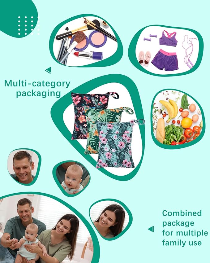 babygoal Wet Bags 3 Pack, Waterproof Travel Dry Bags for Baby Diapers, Beach, Pool, Gym, Swimsuits, Food Storage and Wet Clothes-Hawaii Flower Design
