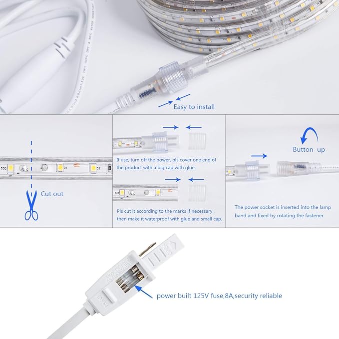 110V Daylight White Led Strip Light Outdoor 131.2ft 40m 6000K Led Rope Lights IP65 Waterproof Indoor Flexible Cuttable Connectable Ideal for Backyards Bedroom Car Deck Decorative Lighting