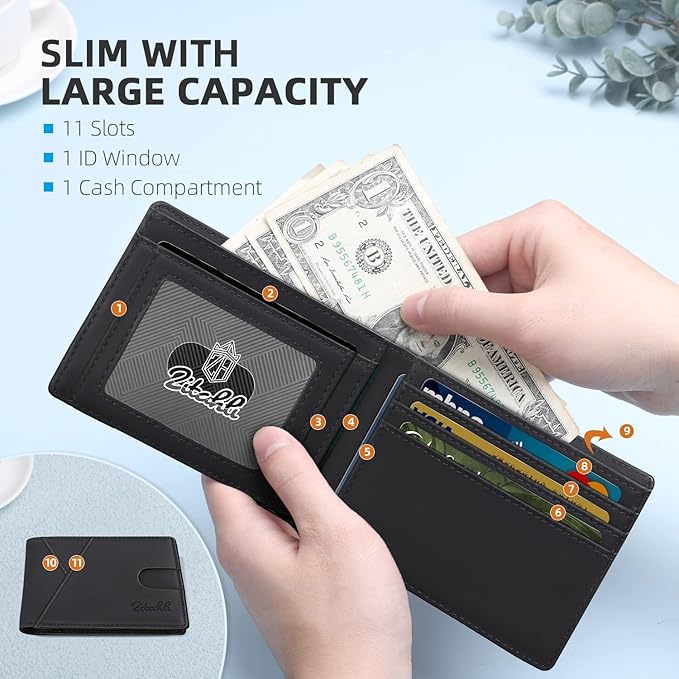 Zitahli Bifold Wallets for Men - Slim RFID Leather Credit Card Holder for 6-11 Cards, Minimalist Thin Wallet with ID Window & Cash Slot,Front Pockt Carteras Para Hombres, Birthday Gifts for Men | Slim, RFID Blocking, Premium, Front Pocket, Gift Box, Le...