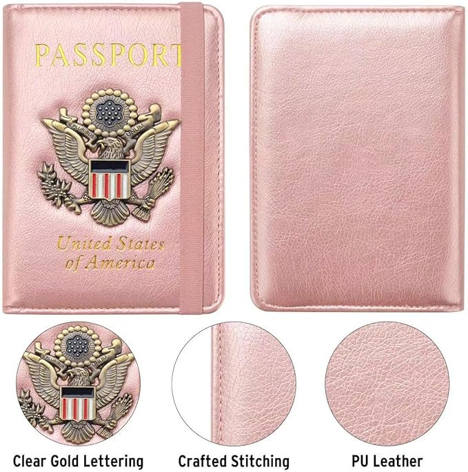Passport Holder for Travel Passport Cover for Men Passport Wallet Case with Metal Badge Protector Leather Card Case RFID Blocking Women Travel Accessories Document Organizer (Rose Gold)