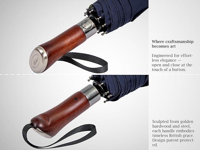 Balios (Designed in UK) Travel Umbrella Luxurious Golden Hardwood Handle Auto Open & Close Windproof Frame Single Canopy Automatic Folding Umbrella Men's & Ladies
