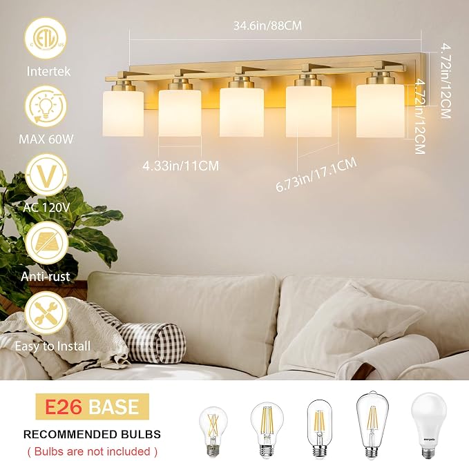 Modern Bathroom Light Fixtures Over Mirror, Vanity Lights for Bathroom Wall Sconces with Milky White Glass Shades, E26 Socket (Bulbs Not Included), 5 Light, Brass