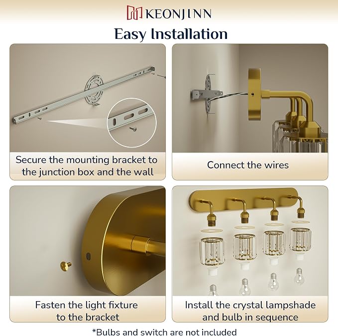 Keonjinn 6-Light Gold Crystal Bathroom Light Fixtures Over Mirror | Vanity Lighting Fixture with Crystal Square Shades, Dimmable, Modern Style, Compatible with E26 Base LED Bulbs (Exclude Bulb)