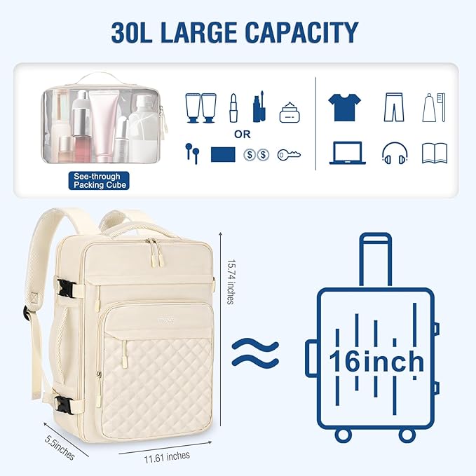 MOSISO Travel Backpack for Women Men, 15-15.6 inch Rhombus Quilted Laptop Backpack Flight Approved with Packing Cubes, 16 inch Carry on Daypack with USB Port for College Work Business, Beige