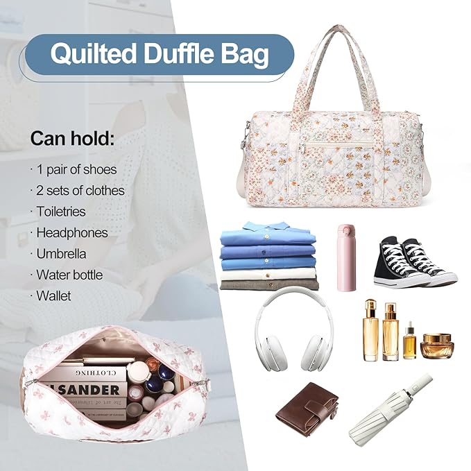 Gym Bag for Women, Cute Duffle Bag, Quilted Duffle Bag for Travel, Floral Duffle Bags, Weekend Bag with Zipper Pocket Dance Bag Organizer