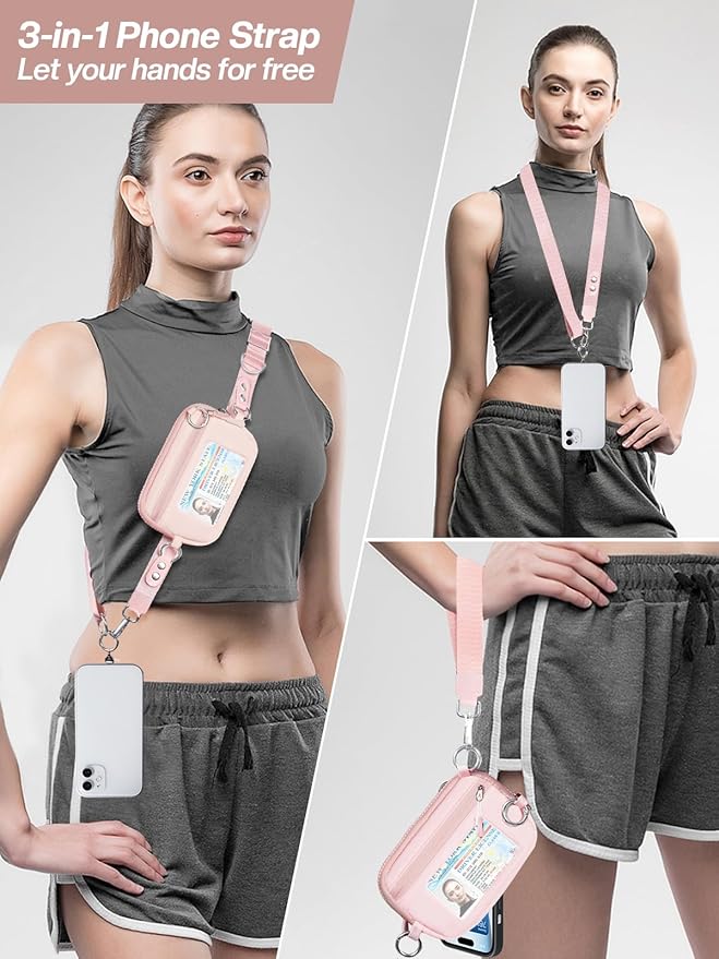 Tiostep Clip and Go Strap for Phone with Wallet Crossbody Phone Lanyard Adjustable and Detachable RFID Wristlet Wallet with ID Window and Zipper, Pink