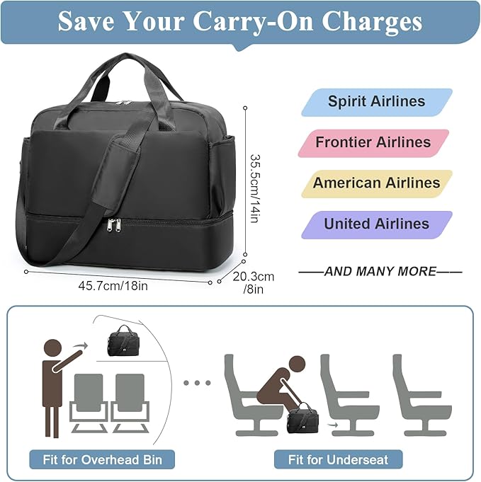 Travel Duffel Bags for Women, Carry-on Overnight Weekender Bag with Wet Pocket & Toiletry Bag, For Spirit Airlines 18x14x8 Personal Item Bag