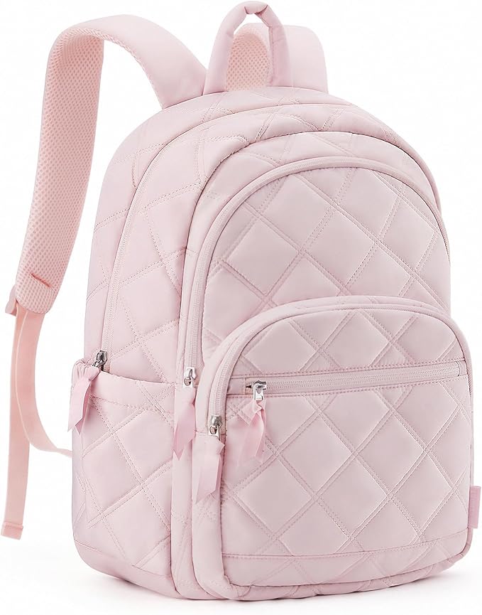 BAGSMART Travel Laptop Backpack, College Backpack for Women, Quilted Small Computer Bookbag, Water-Resistant 15.6 Inch Laptop Casual Bag, Pink