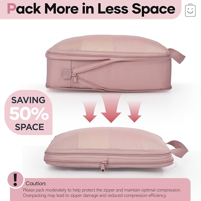 Veken 6/9/11 Set Compression Packing Cubes for Travel Essentials,Compressible Expandable Large Luggage Suitcase Organizer Bags for Clothing,Durable Space Saver Storage Bags(Light Coral)