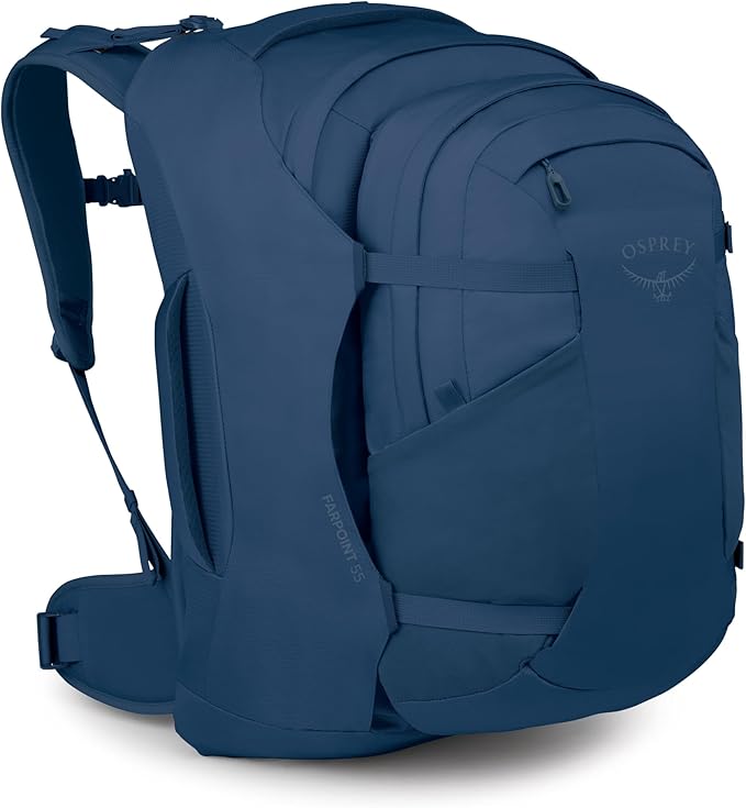 Osprey Farpoint 55L Men's Travel Backpack - Carry On Bag with Personal Item Sized Detachable Daypack, Antique Blue