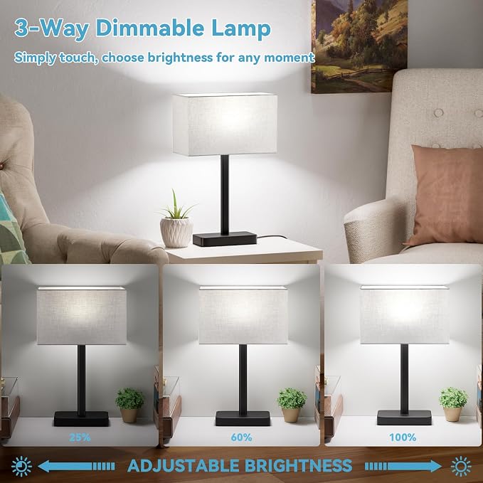 Touch Lamps for Bedroom, 3 Way Dimmable Grey Bedside Table Lamps Set of 2 | USB C+A Charging Port, Modern Table Lamp for Night Stands, Desk Lamp for Nightstand, Bed Side, Living Room, End Tables