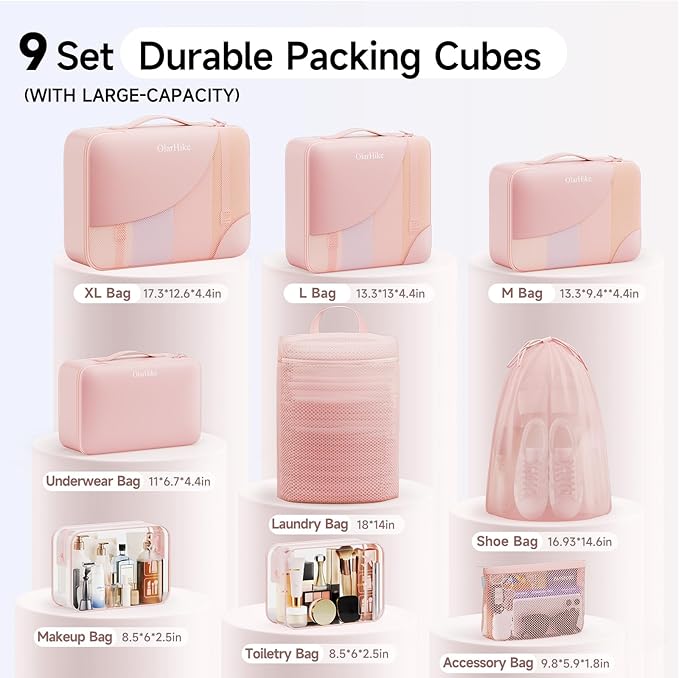 11 Set / 9 Set Packing Cubes for Travel,Gifts for Women Mom Kids,TSA Approved Bags for Makeup, Cosmetic, Toiletry, Organizers for Suitcase Carry On, Cruise Essentials Airplane Accessories, Pink