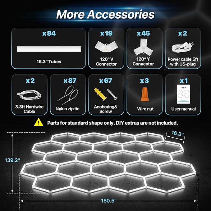 HYPERLITE Gen II Hexagon Garage Light, Upgraded 3 Level Dimmable 581W 58100LM Super Bright Garage Detailing Lights, 22 Grids Hexagon Shop Lights, Hex LED Lights for Basement, Gym, Barber