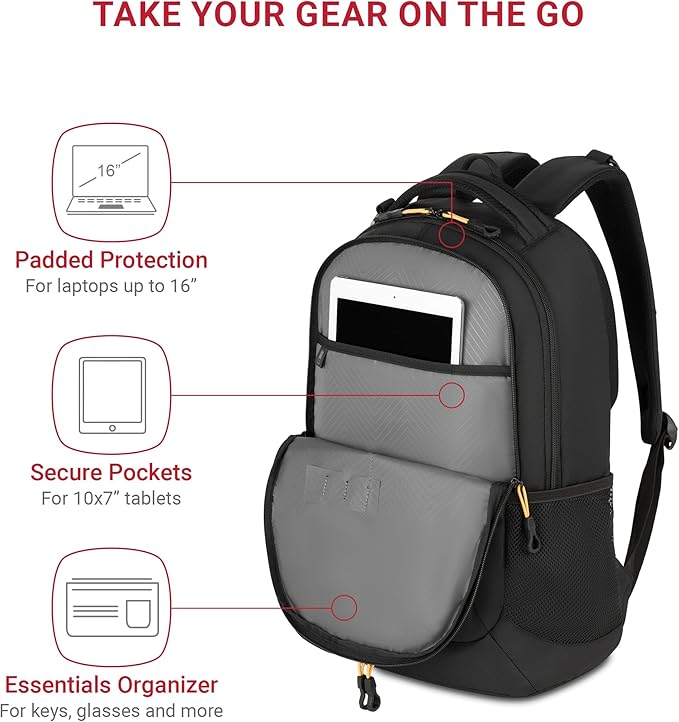 SWISSGEAR Cecil 18-Inch Laptop Backpack Fits 16-Inch Laptop, Travel Daypack with Organizer Pockets, Water Bottle Holders & Padded Straps – Black/Gold