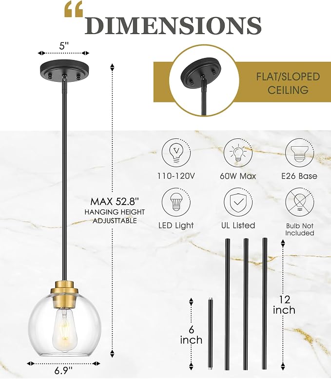 Pendant Lights Kitchen Island, 7" Black and Gold Hanging Lights Fixtures with Clear Glass Globe Shade, Modern Kitchen Island Lighting for Bathroom, AD-22280-1P-KG
