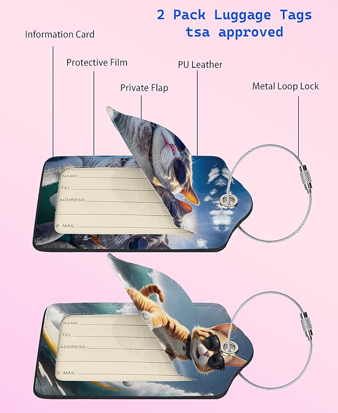 2P Cute Animal Cat Party Luggage Tags Privacy Cover ID Label with Stainless Steel Loop and Address Card for Travel Bag Suitcase Funny Cute Man Women Kids