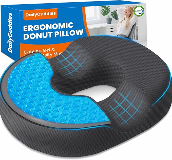 Donut Pillow for Tailbone Pain, Hemorrhoids - Cooling Gel Memory Foam Chair Seat Cushion for Office, Home & Wheelchair, Ergonomic Chair Pad for Pregnancy, Sciatica, Coccyx (XL, Grey)