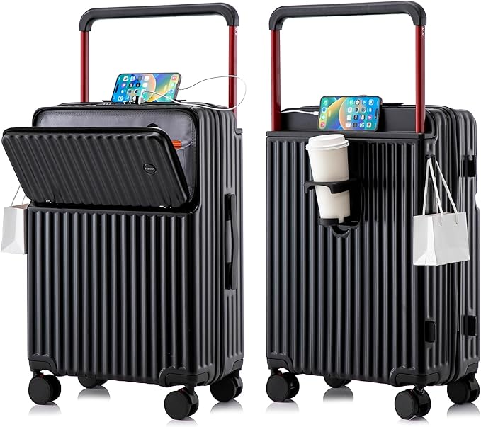 20 Inch Carry On Luggage with Spinner Wheels,PC Hard Shell Suitcase with USB Port,Lightweight Travel Luggage Airline Approved for Men Women, Black