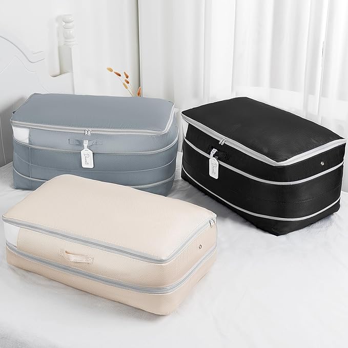 Comforter Storage Bag - Large Capacity Bedding Storage Bags Ultra Space Saving Self Compression Organizer, Washable Compression Bags for Storage Comforter Blanket Duvet Pillow, 4-Pack, Grey