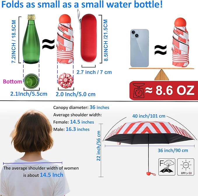 BAODINI Travel Essentials Mini Umbrella for Purse With Case Small Compact UV Sun Protection Lightweight Tiny Pocket Manual Open Close Umbrella for Women Kids and Men Fits Purse Backpack