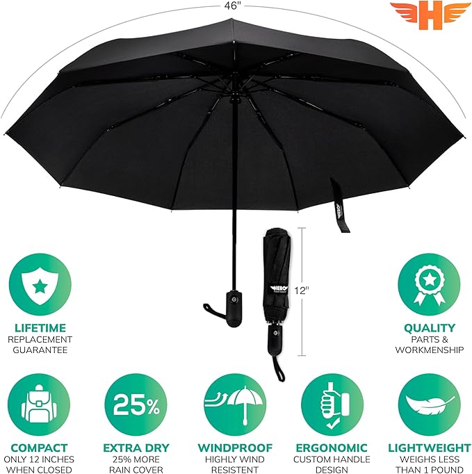 HERO Travel Umbrella - Compact Umbrellas for Rain, Windproof Auto Open Close, Large Coverage Portable Umbrella for Purse and Backpack
