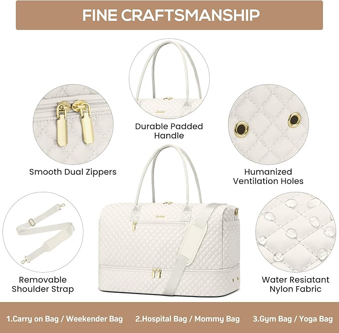 Travel Overnight Bag Weekender Bags - Duffle Bag Women with Shoe Compartment Carry On Overnight Bag with Toiletry Bag Duffel Bags with Wet Pocket for Gym Hospital Bags for Labor and Delivery Beige