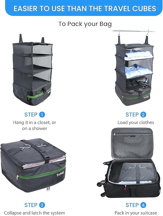 Grand Fusion Stow-N-Go Packing Organizer for Luggage, Portable Hanging Travel Shelves, Carry-On Closet, Hanging Packing Cubes, Collapsible Carry-On Organizer for Cruises & Hotels. Dark Gray - L