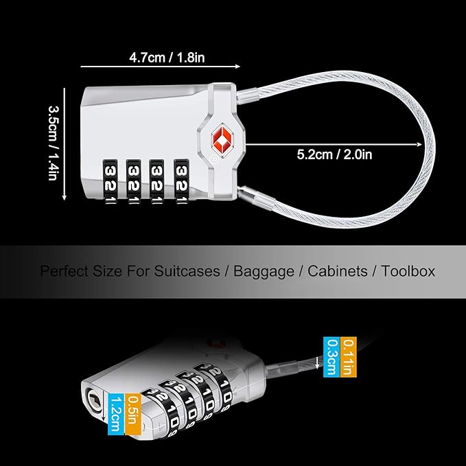 2 Packs TSA Luggage Locks with 14cm Flexible Cable, Diyife 4-Digit Combination Travel Lock Security Padlock for Suitcase Luggage Backpack School or Gym Cabinet, etc. (Silver)
