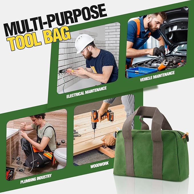 Small Tool Bag, Canvas Tool Storage Bag, Large Capacity Multipurpose Zipper Soft Tote Organizer Pouch for Electrician, Plumbing, Gardening,Tools Bags for Men (Green, 18 Inch)